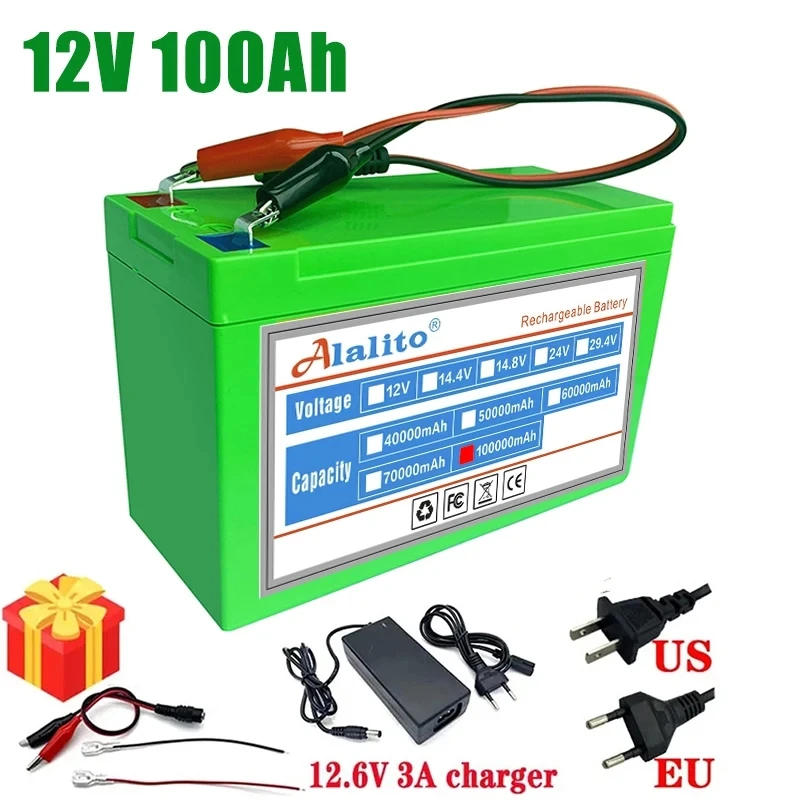 12v 18650 Li-ion rechargeable battery pack DC 12.6V 100Ah battery with EU plug + 12.6v 3a charger + cr123a DC bus head cable