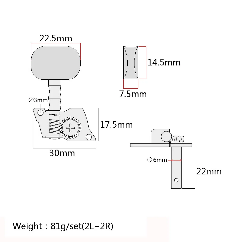 2R2L Ukulele Tuning Pegs Gold Open Gear Tuners with Black Buttons Complete Mounting Screws Bushings Washers Set 4 String