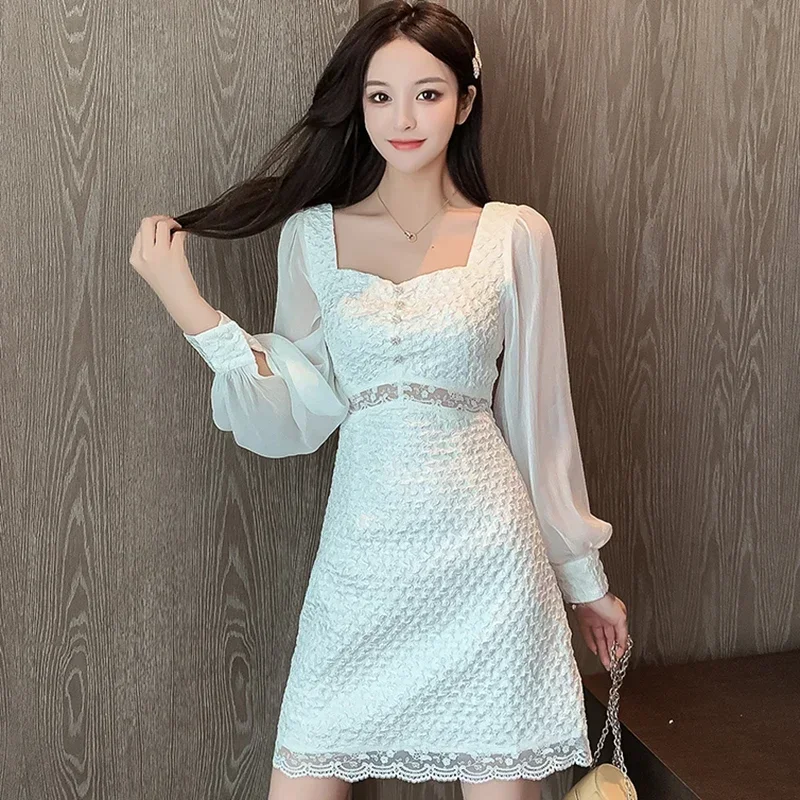 

Autumn Winter Elegant Party Night Dress 2025 Black Vintage Square Collar Sexy Mini Dress Women White Chic Hollow Out Lace Dress