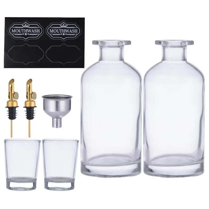 

Mouthwash Holder 12oz/350ml Transparent Mouthwash Bottle Set With Stainless Steel Spout Funnel Labels Cups Countertop Bathroom