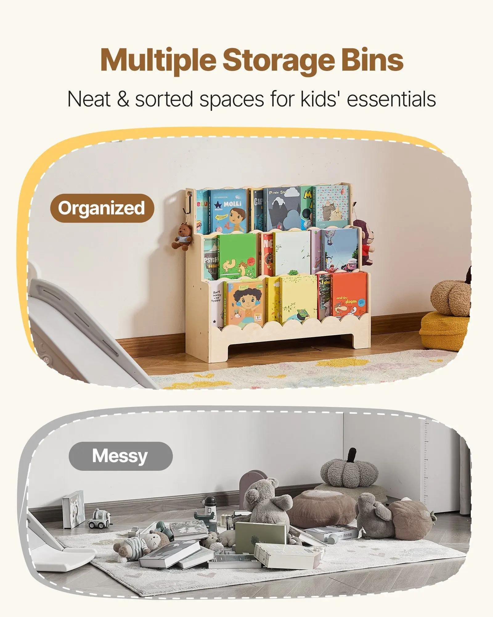 3段モンテッソーリ本棚、波型デザインの前面、幼児用本棚、子供部屋、保育園、幼稚園用のデュアルフック付き