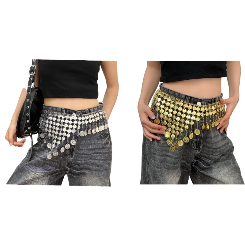 F2TD Stylish Metal Waist Belt Chain Bohemian Round Sequins Fringe Body Jewelry Festival Waist Accessory For Women