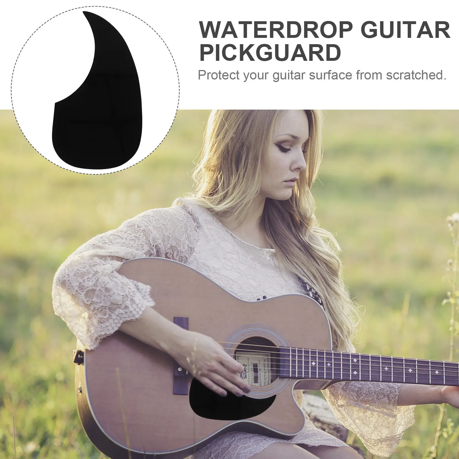 Acoustic Guitar Pickguard Black Waterdrop Design Celluloid Material 6.89 X 3.4 Inch Adhesive Backing Scratch Resistant
