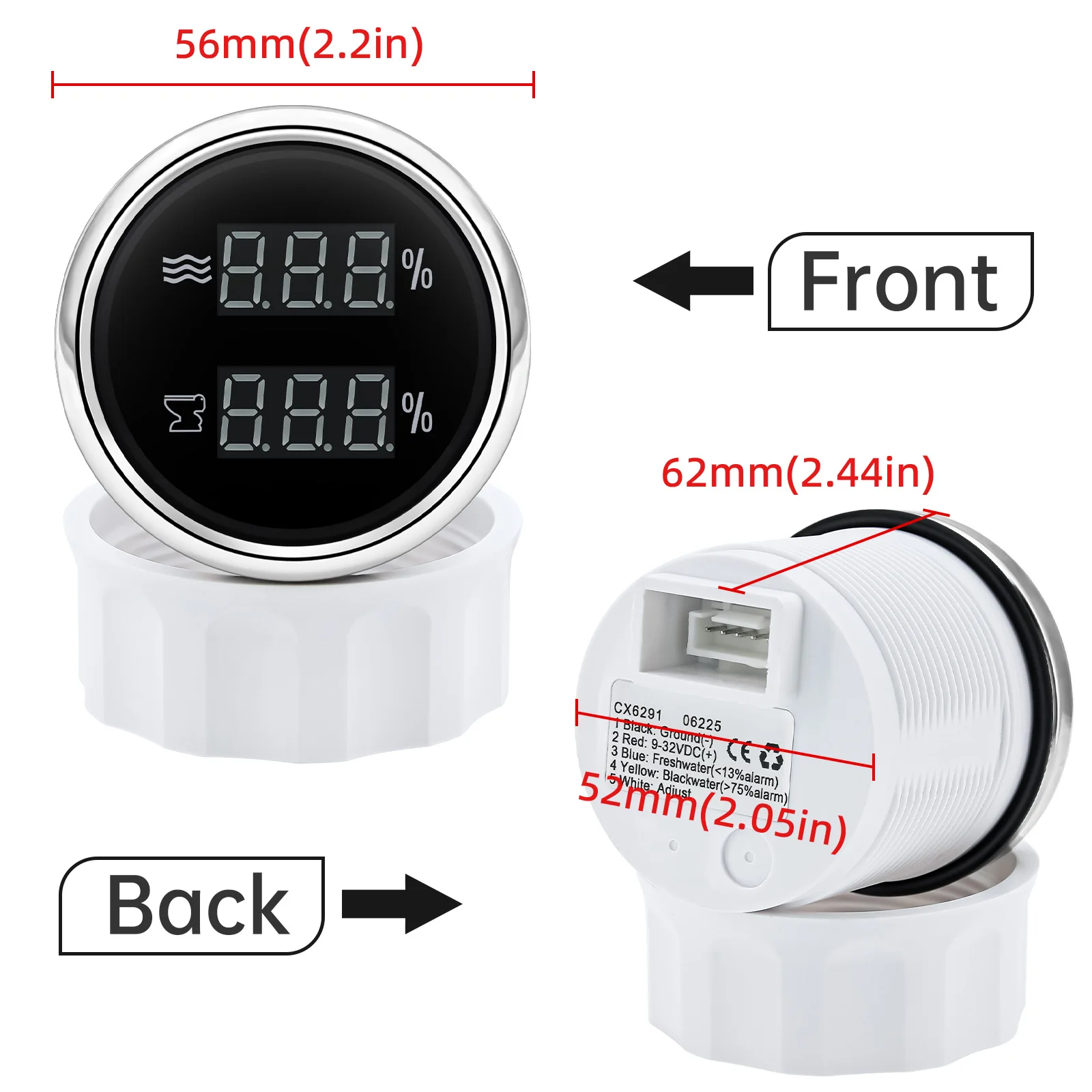 Digital  Dual Meter 52mm Gauge Water Level Gauge+Sewage Level Gauge 0-190 ohm with Alarm HTG for Car Boat Yacht 12V24V Green