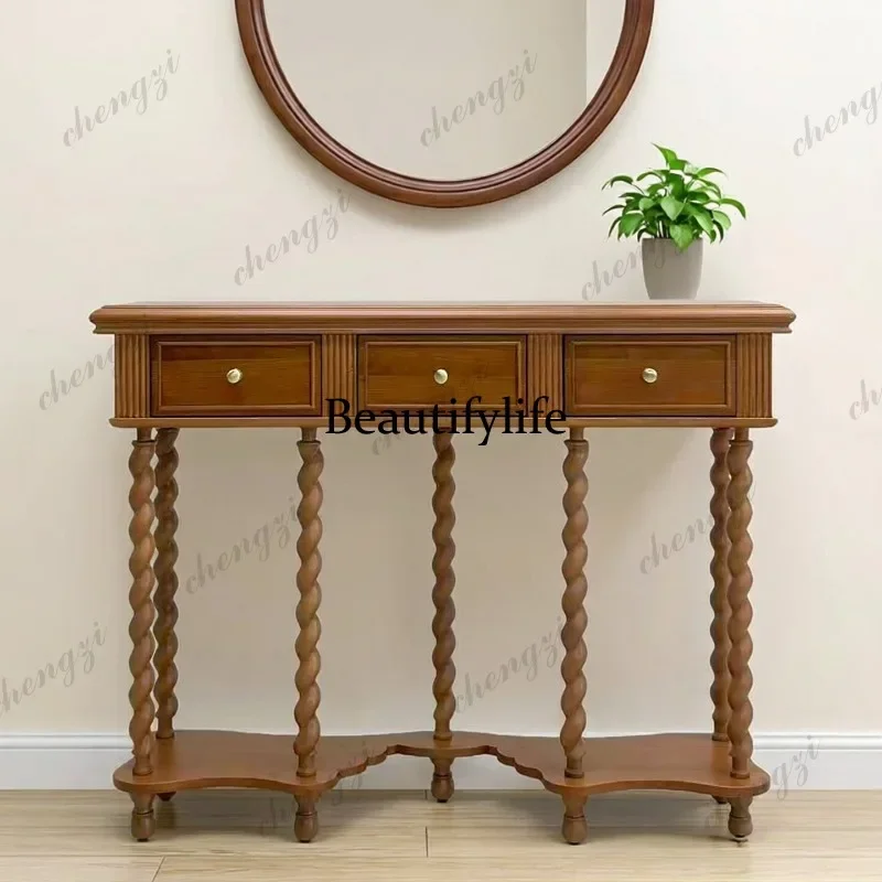 M07 French retro solid wood entrance table corridor entrance table simple twist leg decoration end view table