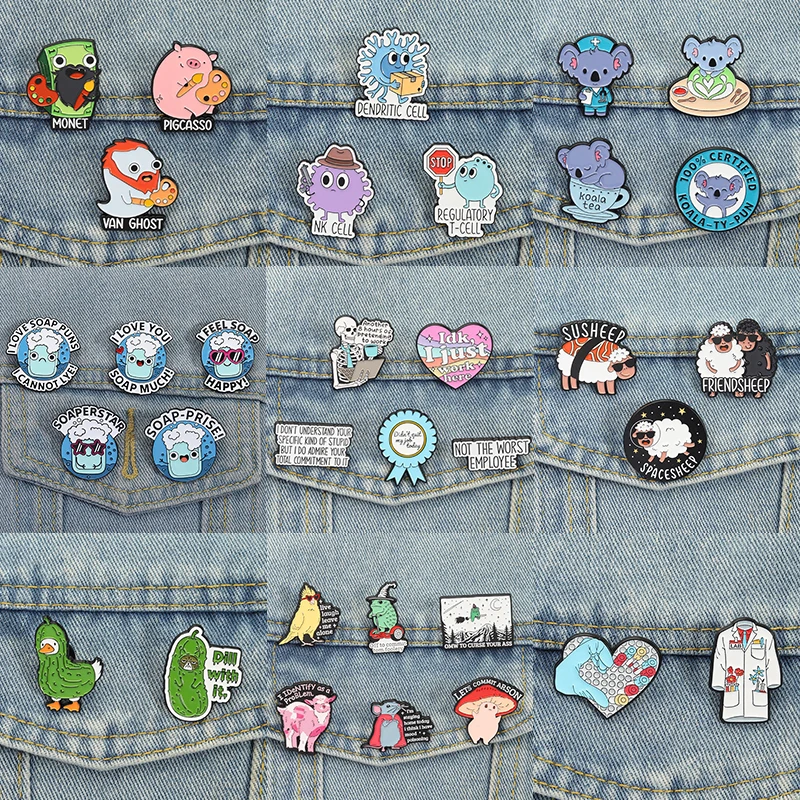 Set de 2-6 pzas. de pines esmaltados divertidos con juegos de palabras, broches con diseños de jabón, ballena, celda, koala, oveja, insignias para bata médica, oso, calavera, joyería de médico