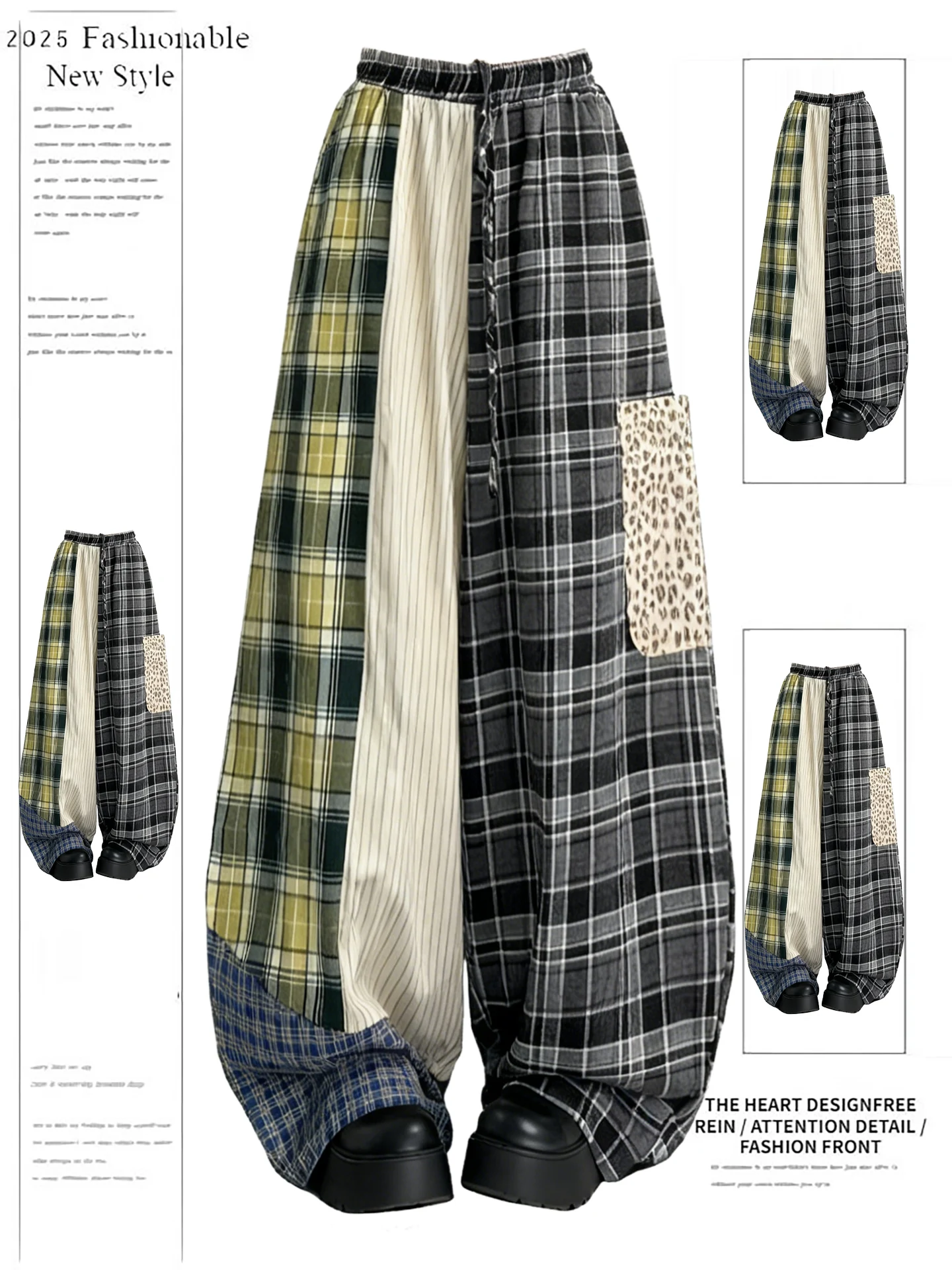 

Art Student Casual Plaid Pants Women's Loose Wide Leg Pants Slimming Drapey Spor Trousers Straight Leg Polyester Fiber