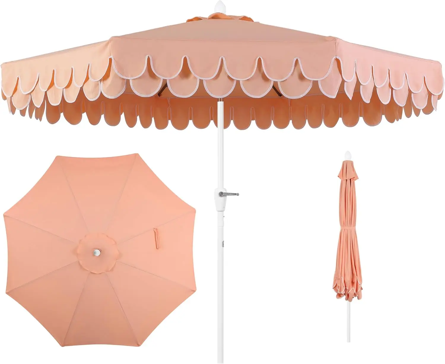 9 Foot Scalloped Outdoor Market Patio Umbrella, Deck Sunshade Canopy UV Resistant Fabric, Auto Tilt Crank Handle, Sturdy 8 Rib Aluminum Frame, Wind Vent Coastal Backyard Umbrella, Coral Pink White