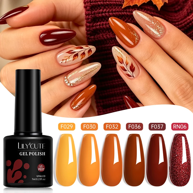 LILYCUTE 6pcs Autumn Fall Gel Nail Polish Set Pumpkin Orange Maple Red Brown Glitter UV LED Nail Gel Halloween Nail Art Manicure