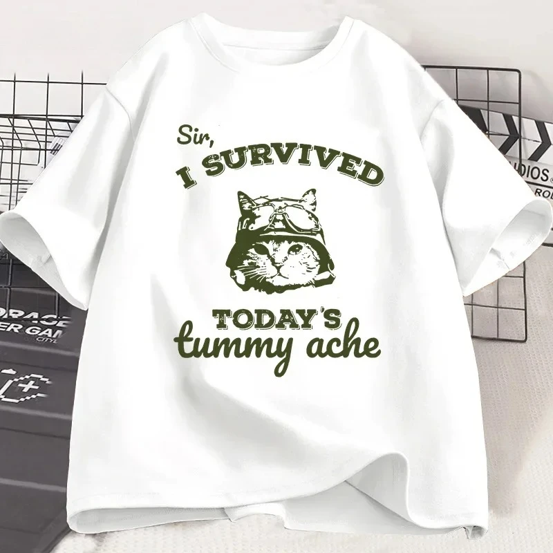 Eu sobreviviu a barriga de hoje, dor na barriga, falta da camiseta, gato engraçado, gatinho, estampa, camiseta feminina, roupas de grife, camiseta gráfica y2k
