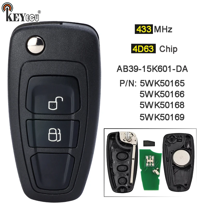 KEYECU 434MHz FSK 4D63 chip 5WK50166 AB39-15K601-DA Remote Key Fob 2 Button for Ford Grand C-Max S-Max Focus Grand Mondeo Ranger