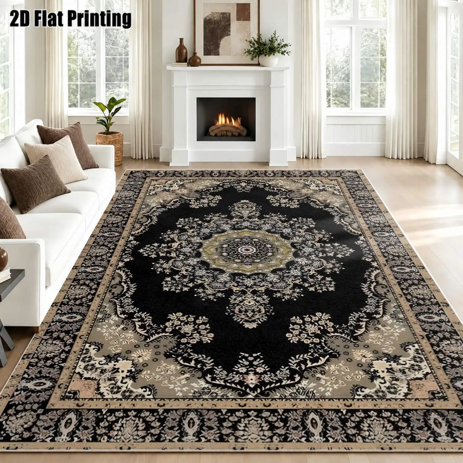 1Pc 2D Printed Velvet Carpet, Black Base White Floral Retro European Style, Multi-Style Optional, Multi-Size, Machine Washable, for Home Decoration & Multi-Scene Use