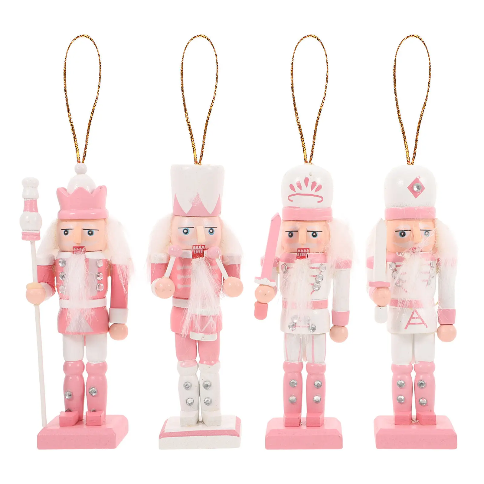 4Pcs Wood Nutcracker Christmas Decorations Desktop Tabletop Shelf Adornment Flat Base Anti-Slip Xmas Pendant Home Office Cafe
