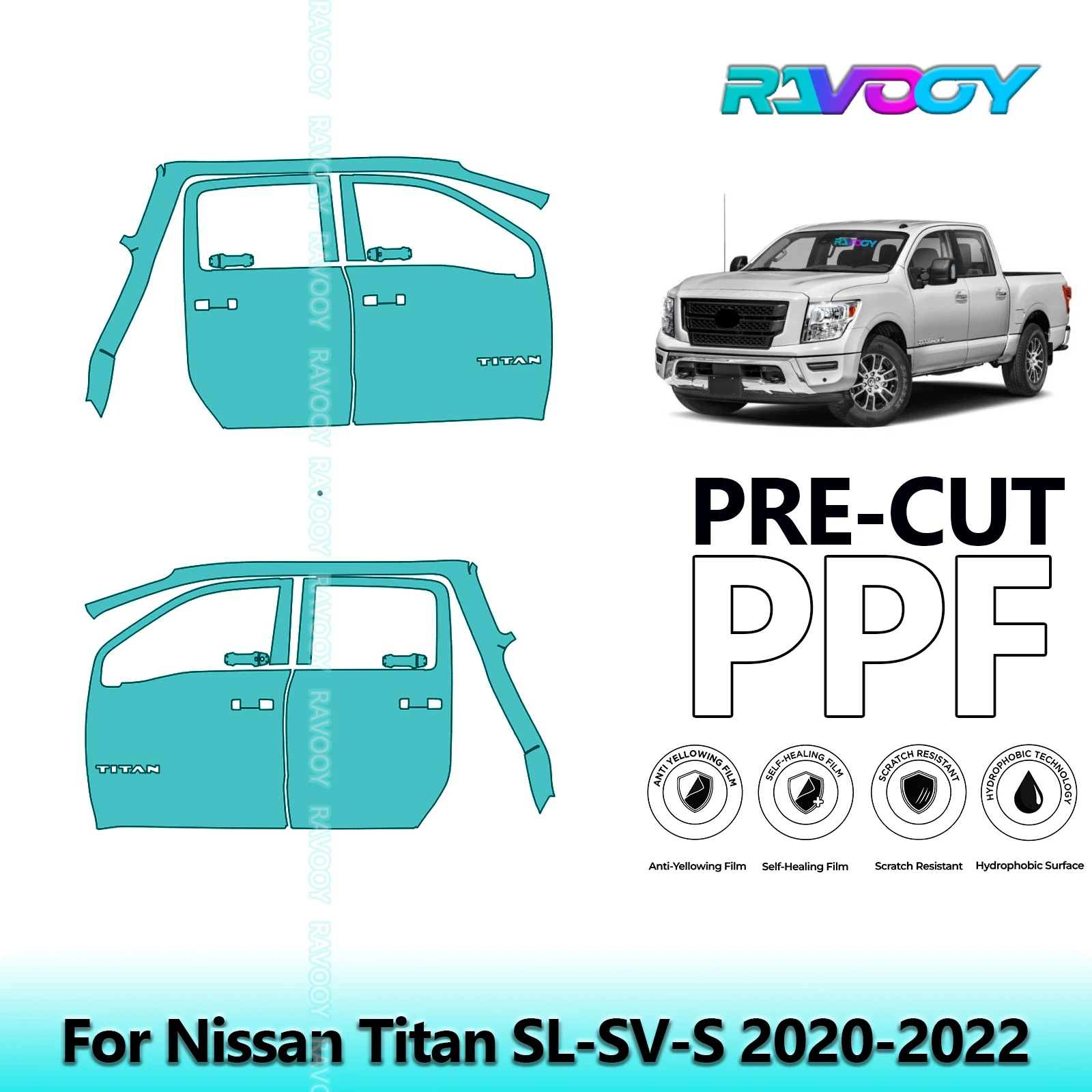 لنيسان تيتان SL-SV-S 2020-2022 8.5mil واضح ماتي قبل قطع باب PPF ومجموعة عمود A/B مجموعة طبقة حماية الطلاء من البولي يوريثان #1