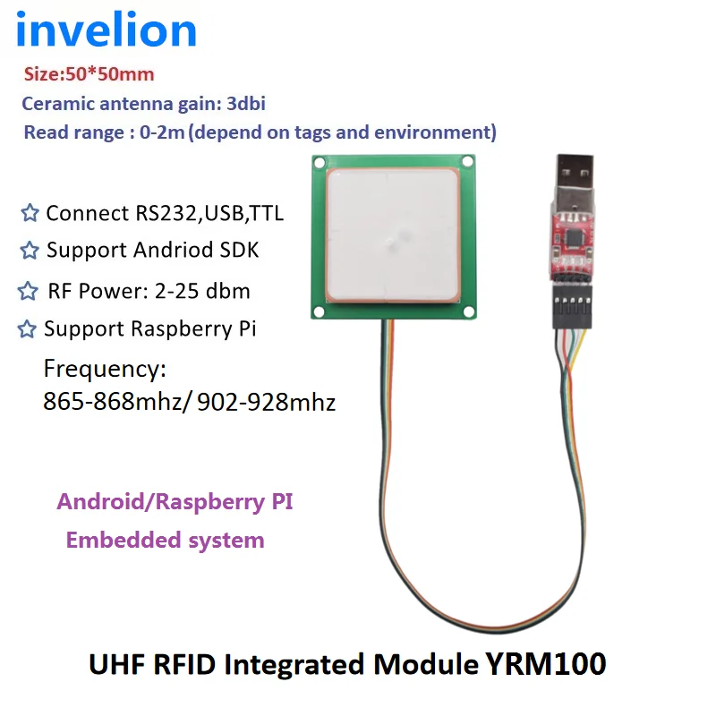 Модуль считывания УВЧ RFID, диапазон 1-2 м, интегрированный модуль RFID Raspberry Pi UHF, с бесплатным Android SDK, поддержка системы Linux