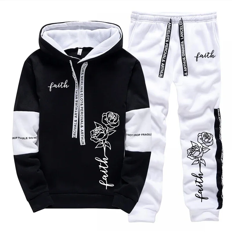 Men/women Daily Casual Sports Hooded Outfit Autumn Unisex Fashion Jogging Suit Faith Flower Print Hoodie and Sweatpants 2pcs Set view 4