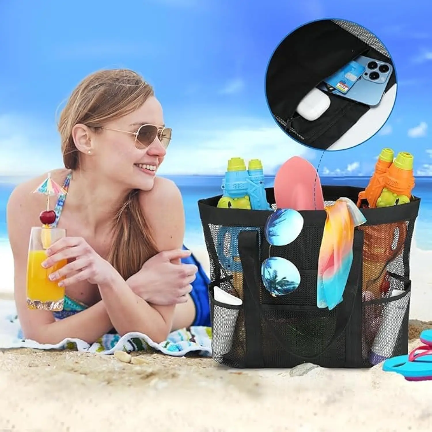 

Mesh Beach Bag For Women Waterproof Beach Tote Bags With 9 Pocket For Family Quick-Drying Spacious