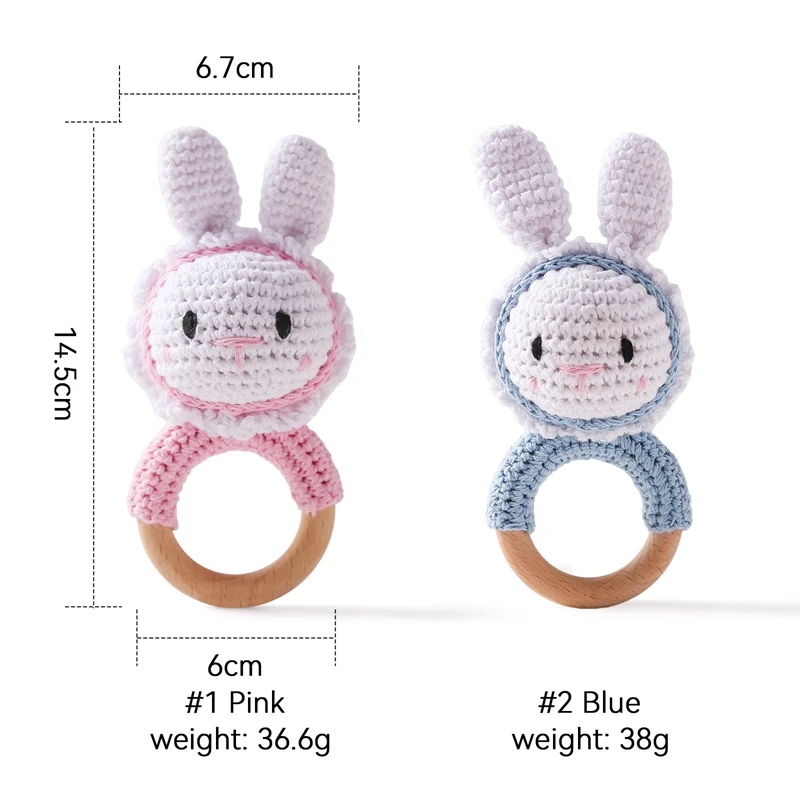 1PC Crochet Toy Animal Bunny Rattle Wooden Teether Ring Soother Bracelet Baby Product Mobile Pram Crib Wooden Toys Newborn Gifts