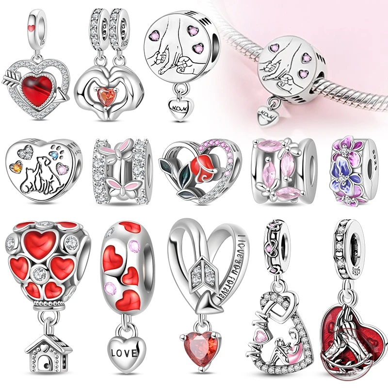 925 Sterling Silver Charm Bead Mother's Day Love Heart Family Charm Bead Pendant Fits Bracelet Womens Jewelry Gift