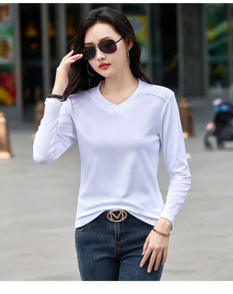 AOSSVIAO 2026 Damen Frühling Herbst 100% Baumwolle T-Shirt Basic Einfarbig Langarm Locker Sitzende Oberteile Shirts T-Shirt – Detail 13
