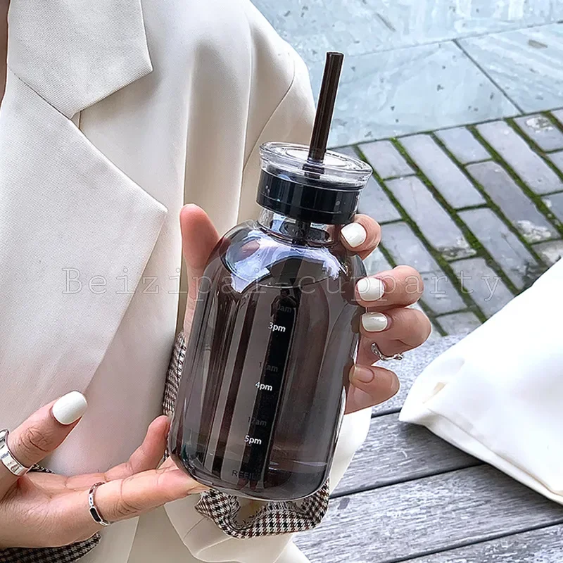 Ins Style Glass Water Bottle Time Scale Coffee Cup Double Cap Leak-proof Glasses with Lid and Straw Leather Cup Sleeve