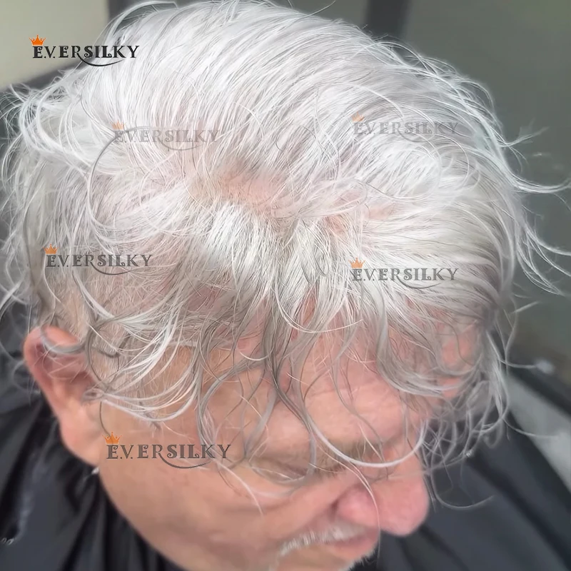 1B80 أبيض أسود رمادي غير مرئي طبيعي 80% كثافة خط شعر طبيعي فائق 0.02 مللي متر شعر بشري أشقر رقيق للغاية نظام شعر مستعار للرجال