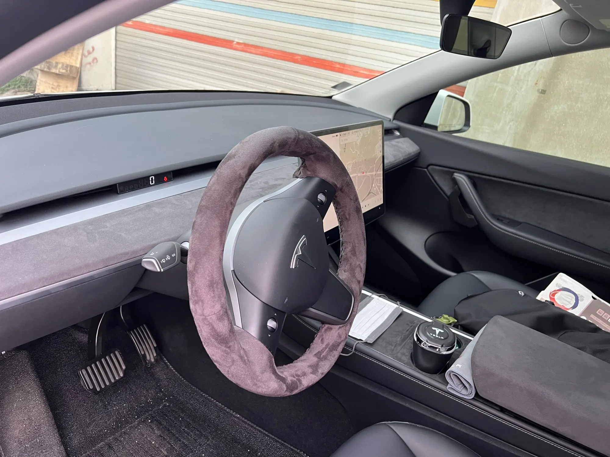 For Tesla Model 3 2021-2023 & Model Y Interior Dashboard & Door Wood Modify Decor Adhesive Panel Cover Trims - Origin Gray Suede