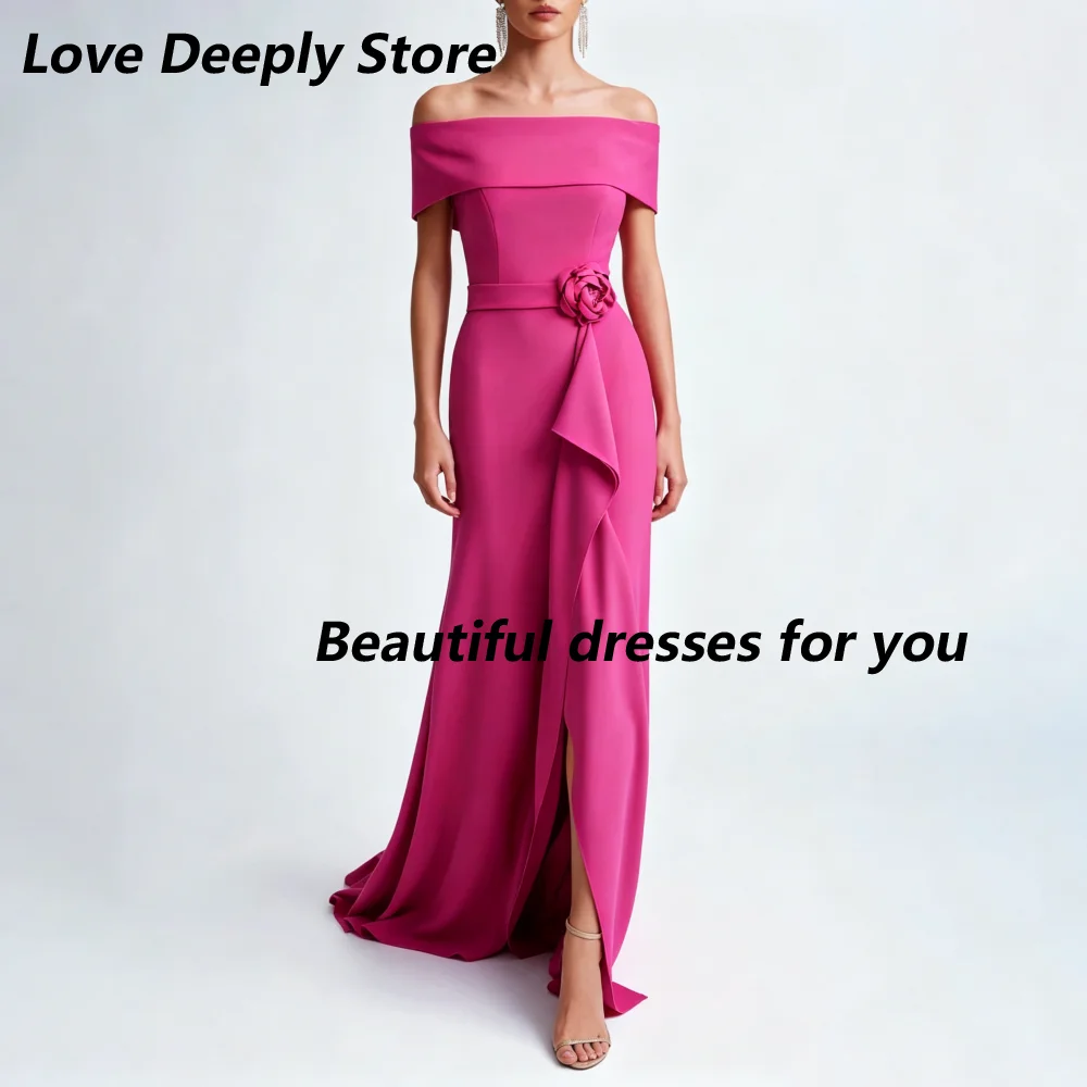 Customized Mermaid Train Mother Of Bride Dresses Fuchsia Off Shoulder Jersey Belt 3D Floral Ruffle Slit Wedding Guest Dress