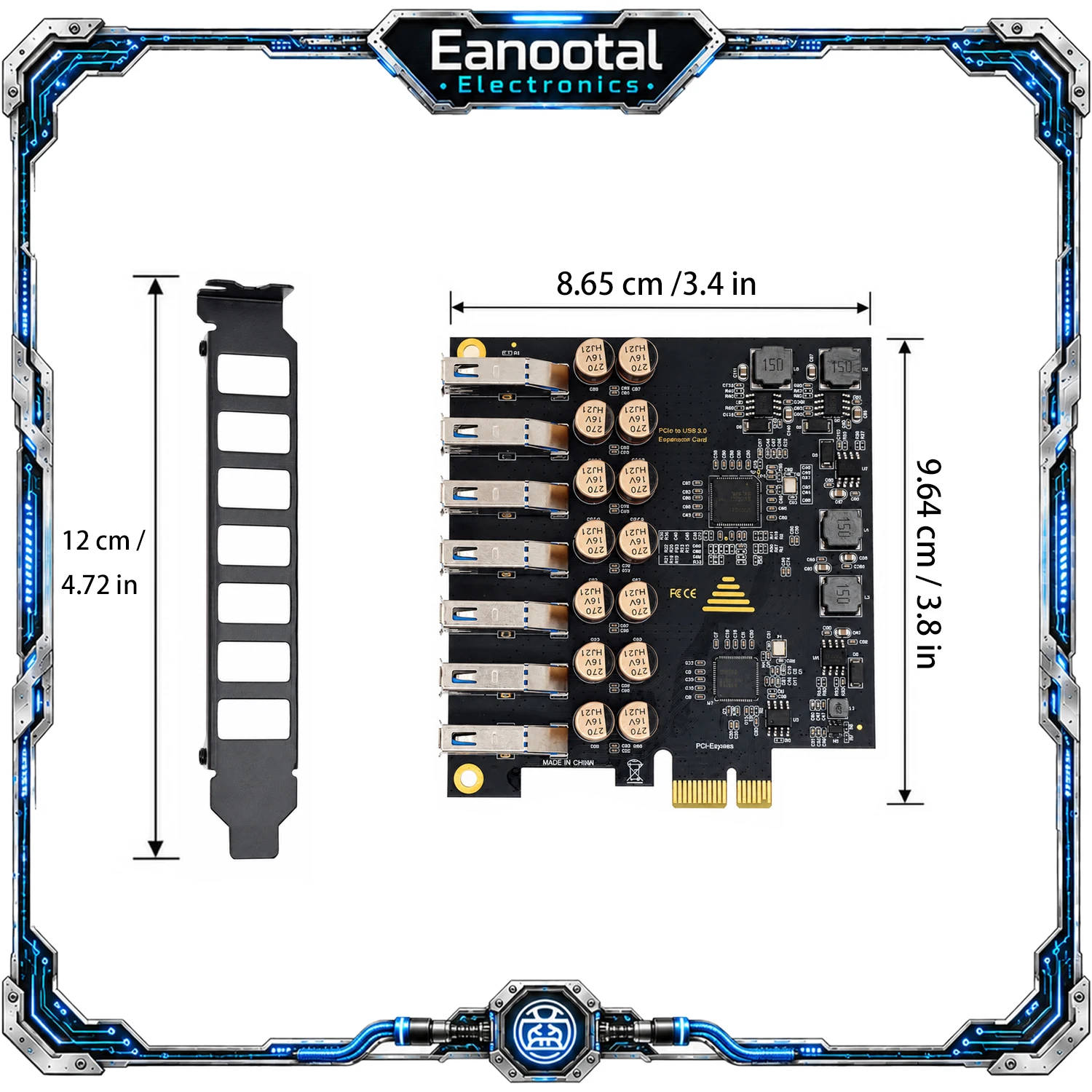 PCIe X1 to 7 Port USB 3.0 Expansion Card 10A Total Board Power USB-A Adapter No External Power for Desktop PC Computer