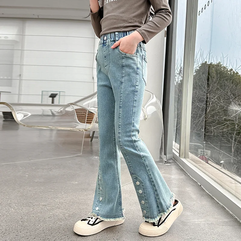 2024 New Girls' Spring And Autumn Pants Korean Version Size Children's Flared Fashionable Nail Buckle Fringed Long Jeans