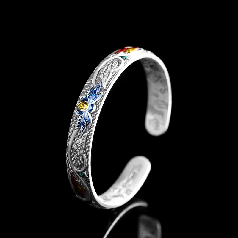 S999 Sterling Silver Bracelet for Women Men New Fashion Enamel Plum Blossom Lotus Bangle Ethnic Style Jewelry Wholesale