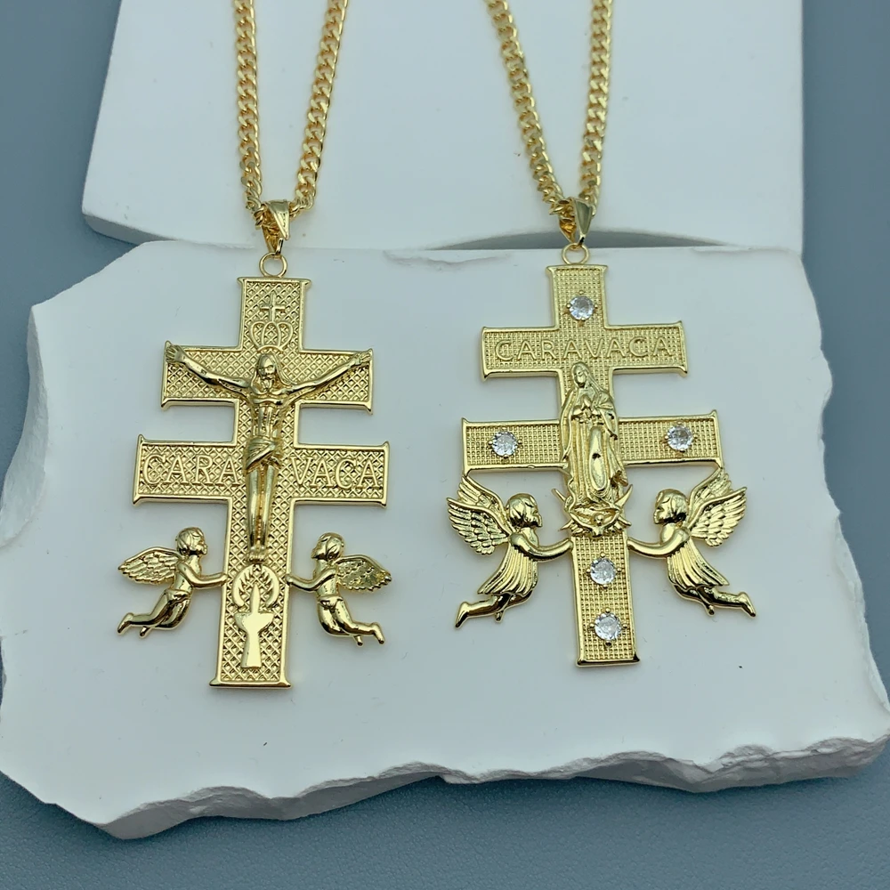 

High Quality Hip Hop Zircon Big Cross Jesus Angel Charm Necklace For Women Religions Pendant Jewelry Prayer Baptism Gift