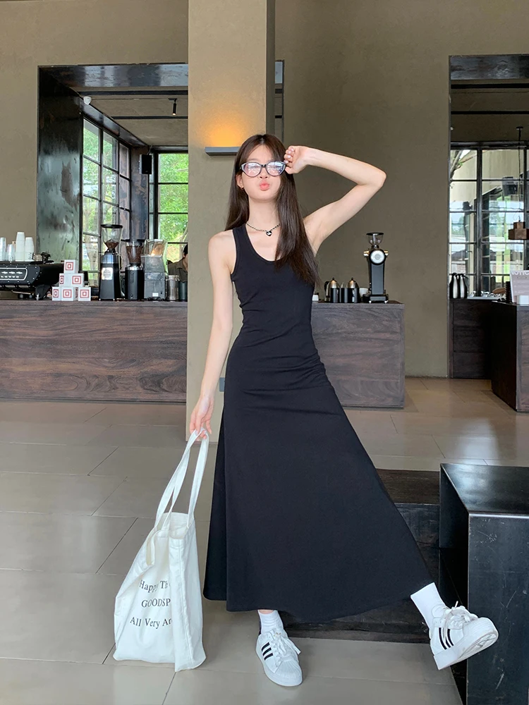 

Сексуальное черное платье-жилет для женщин: летнее, приталенное, А-силуэт, длинное, с завышенной талией, модное повседневное платье для молодых девушек