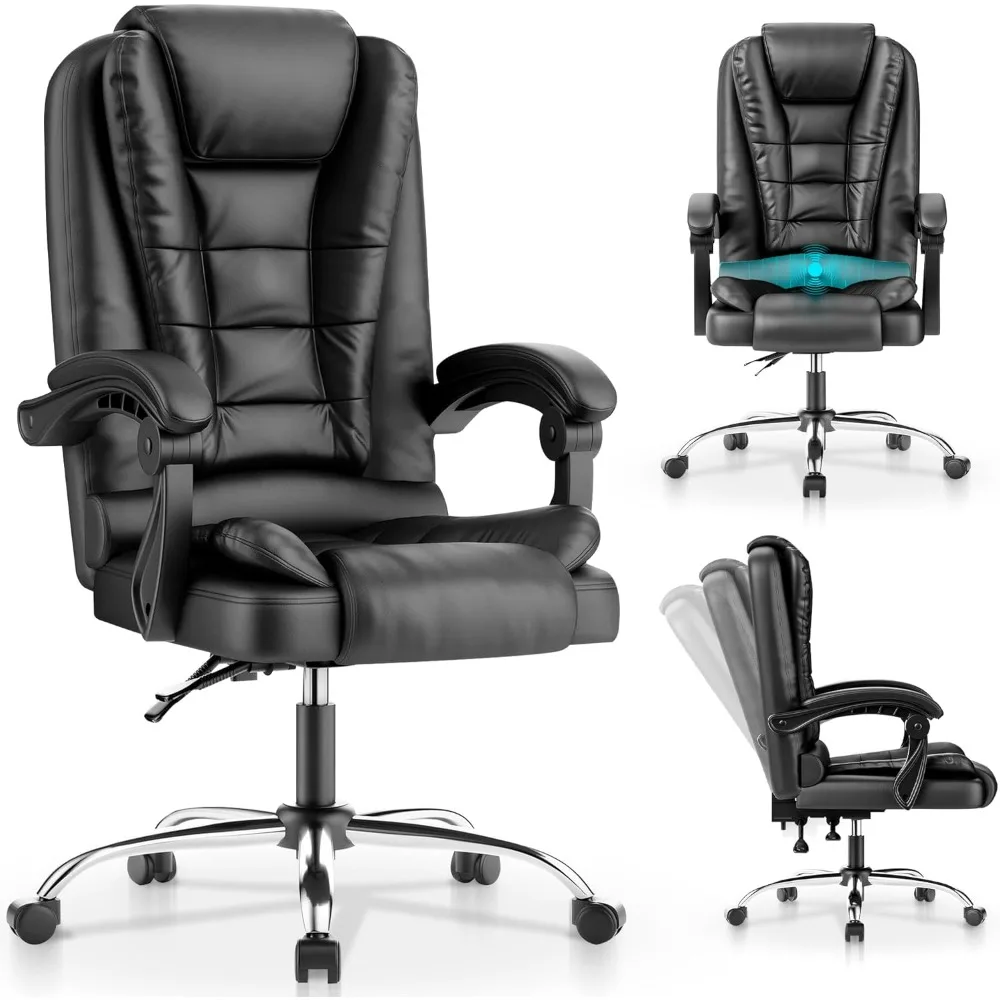 JUPPLIES Silla de Oficina Reclinable con Cojín Lumbar Masajeador - Respaldo Alto Acolchado de PU con Ruedas Silenciosas, Color Negro