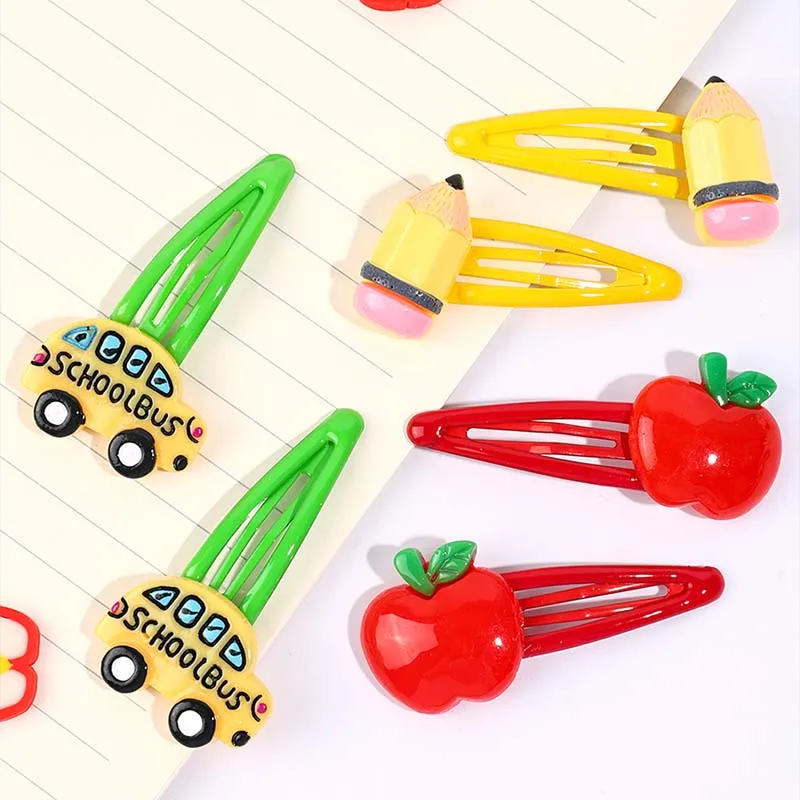 ncmama 6Pcs/set Back To School Bus Pencil Hair Clips for Kids Girls Metal Snap Hairpins Barrettes Styling Hair Accessories