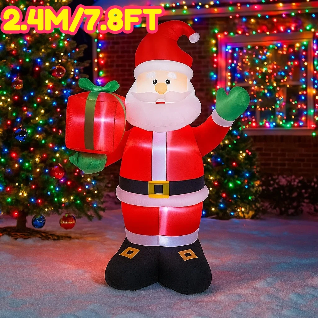 2.4M/7.8FT Inflatable Santa Claus Holding Gift Lights LED Home Holiday Lighting Decor Yard Xmas Decor Supplies for Outdoor Lawn