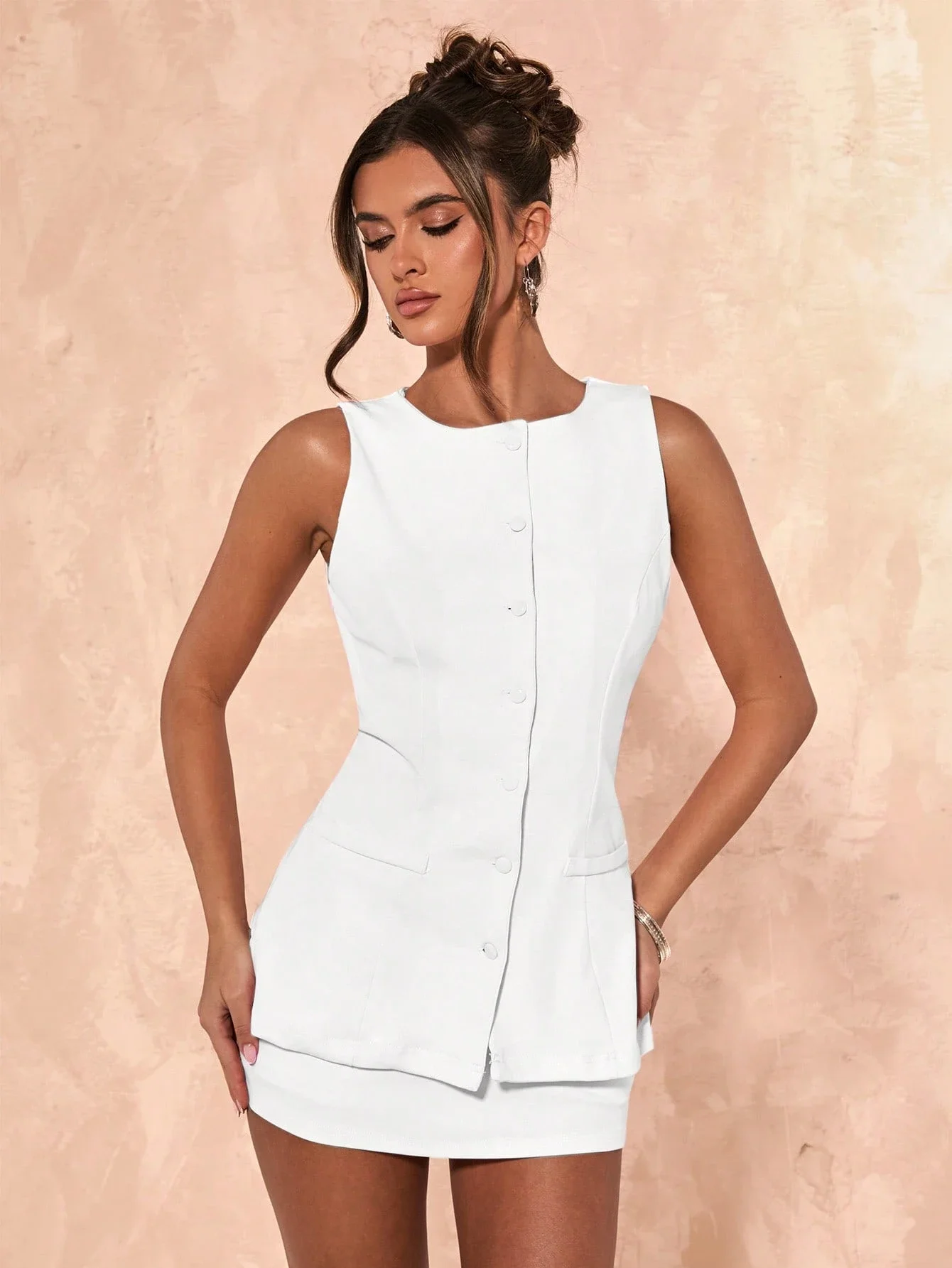 

Women Two Piece Sleeveless Button Front Skirt Suit For Daily Wear Valentine Outfit