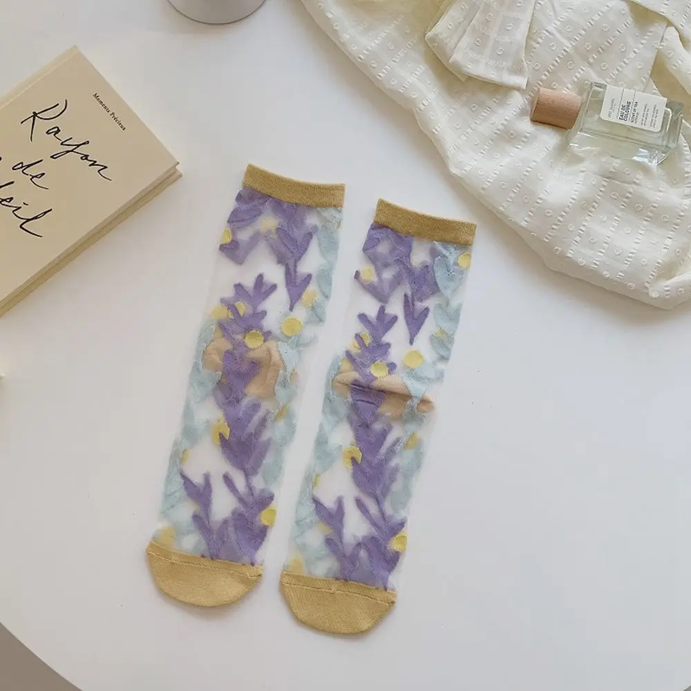 Kawaii Ultra-thin Girls Crystal Silk Socks Summer Korean Middle Tube Socks Flower Socks Floral Hosiery Women's Socks