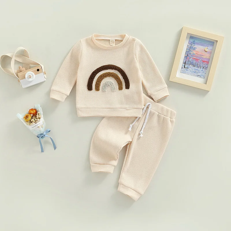 Spring Autumn Baby Boy Girls Clothes Waffle Long Sleeve Crew Neck Sweatshirts + Long Pants Infant Clothes 2pcs Suit Outfits