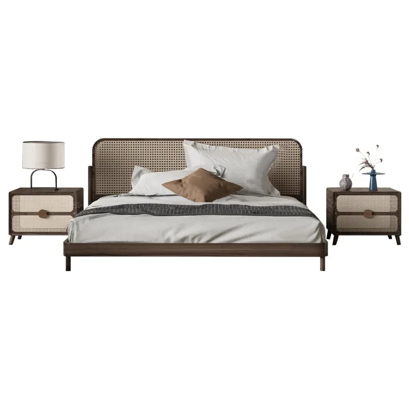 

wabi-sabi wind log rattan bed, model house villa master bedroom solid wood double bed