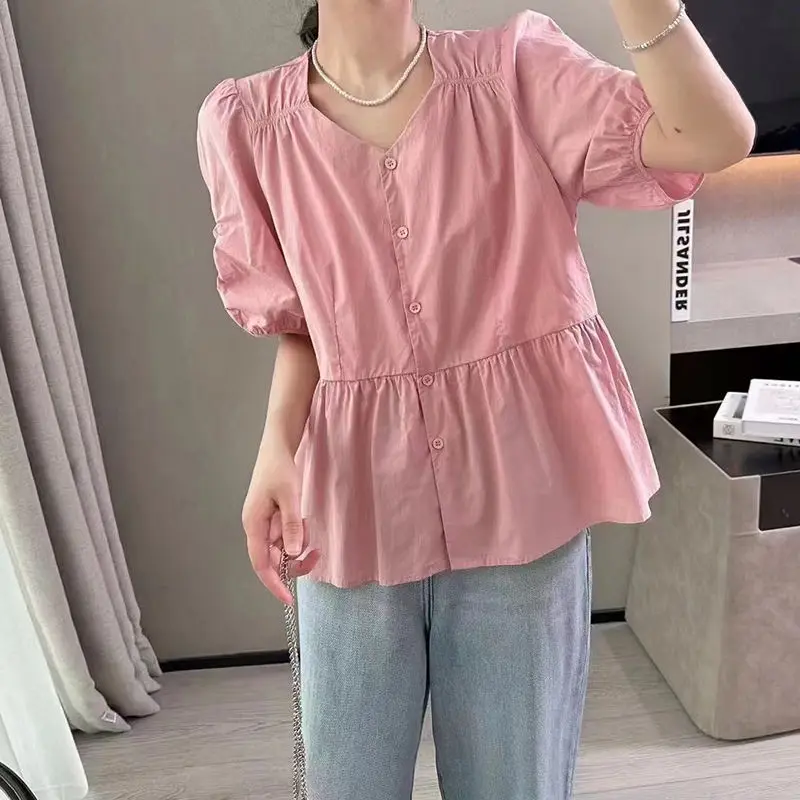 Women\'s Clothing Summer Trendy Ruffle V Neck Short Sleeve Shirt Casual Solid Loose Chic Blouse Y2K Kawaii Streetwear Cotton Tops