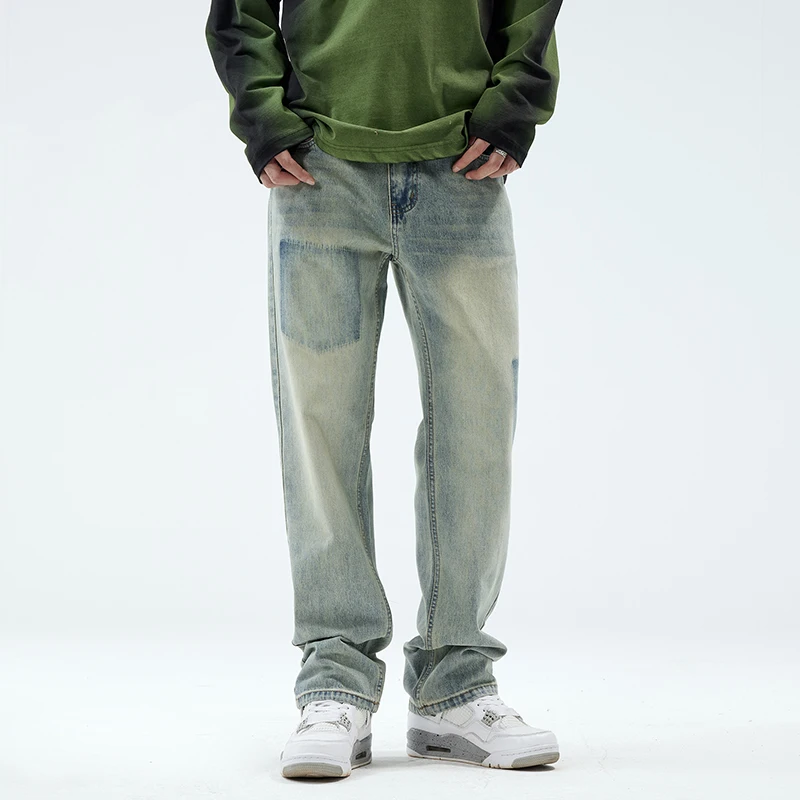 Washed retro vintage denim jeans men's loose straight leg American high street pants cargo pants streetwear men clothing