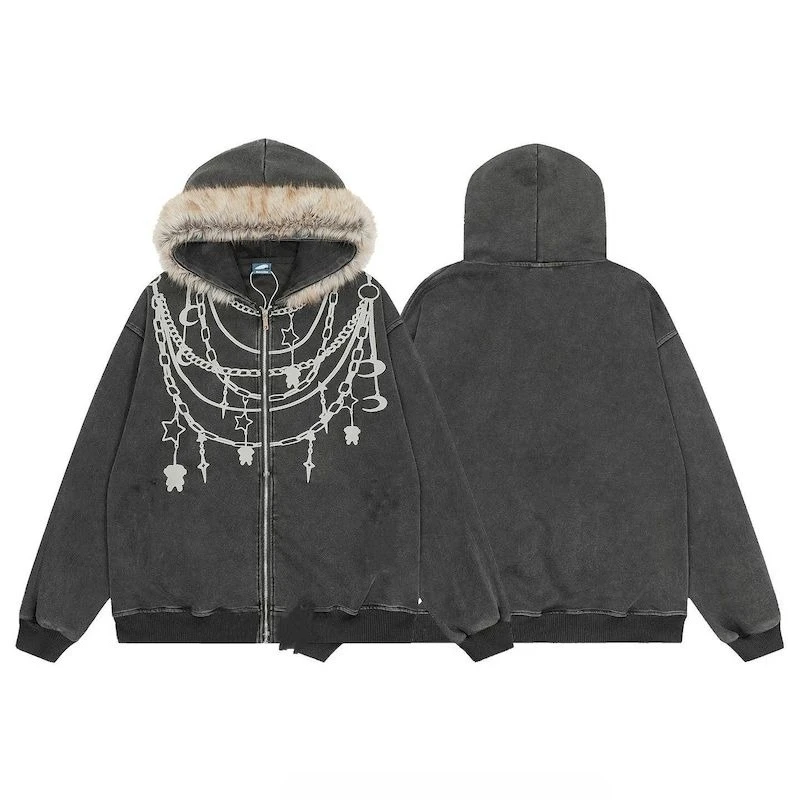 Washed Vintage Cardigan Jacket for Women and Men American Streetwear Printed Hoodies Fur-Trimmed Hooded Sweatshirt Autumn Winter