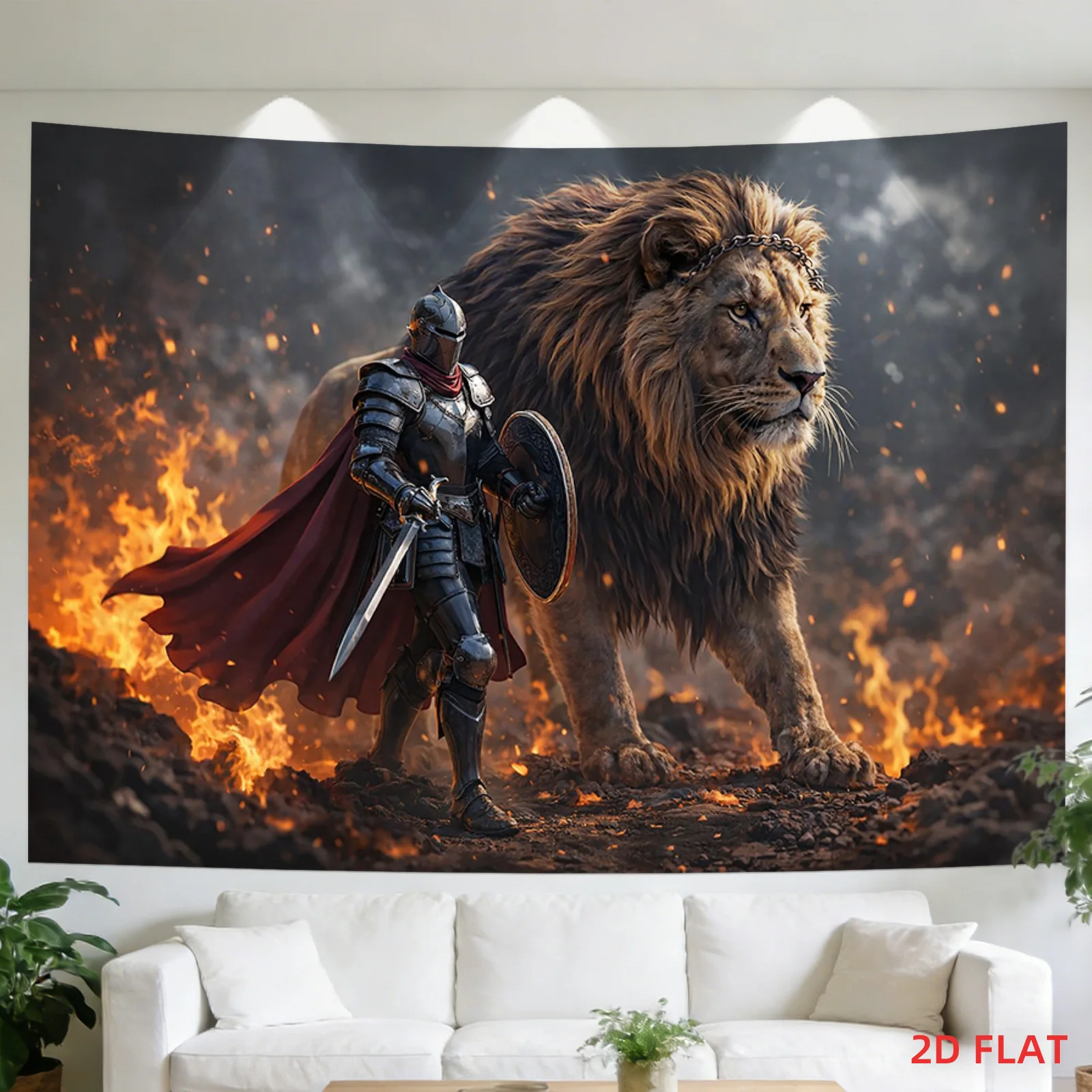 Knight and Lion Tapestry Fire Armor Wall Art Living Room Meditation Office Party Decor Courage Symbol