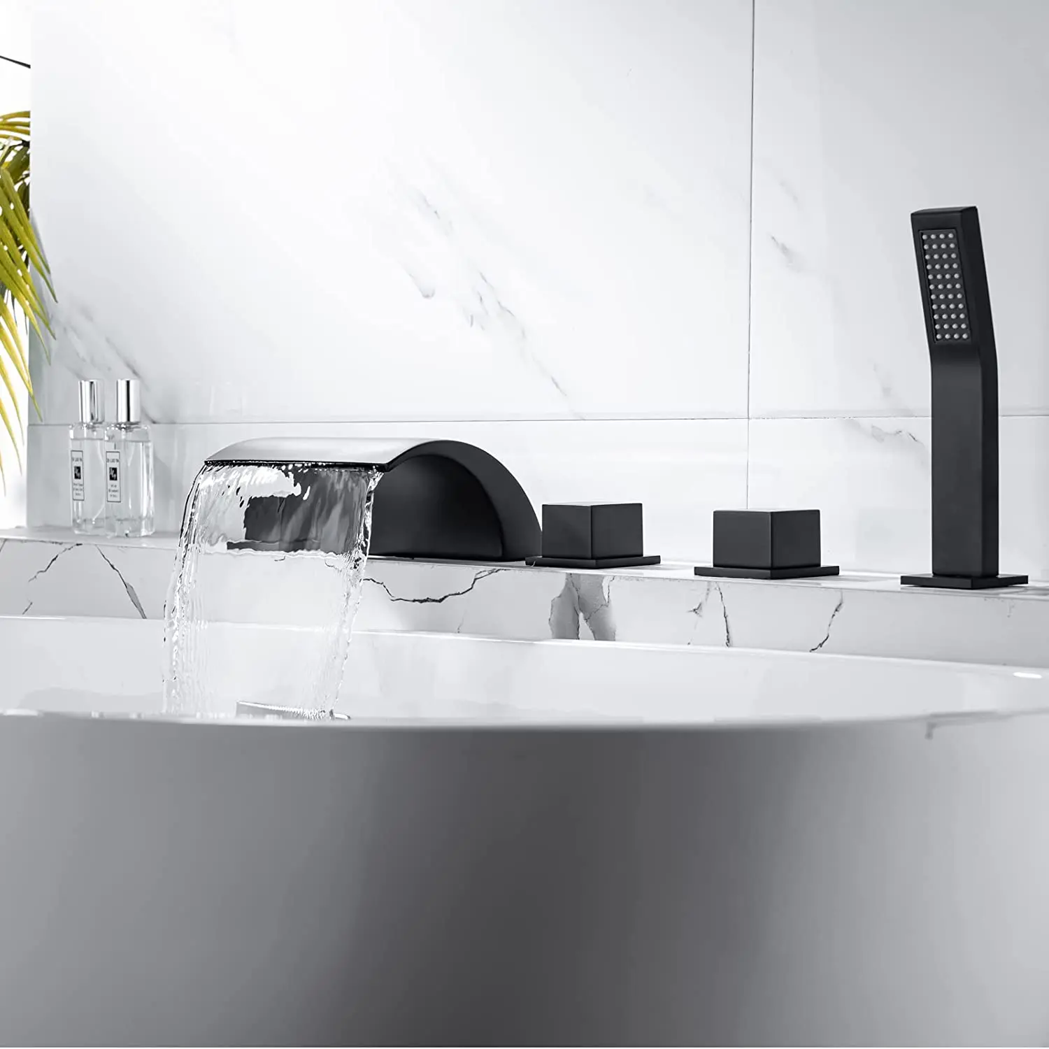 Widespread Tub Sink Tap Three Handles Hot Cold Water Mixer Bathroom Shower Faucet 3-5PC Black Brass Waterfall Bathtub Faucet