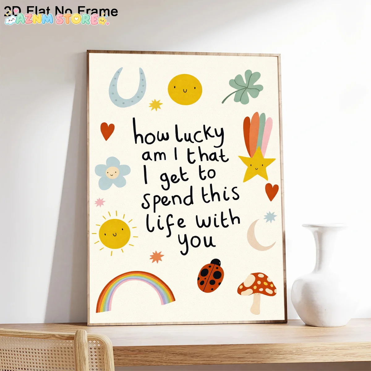 2027,1pc Frameless Canvas Poster, How Lucky Am I That I Get to Spend This Life with You Text with Cute Elements Like Sun, Sta