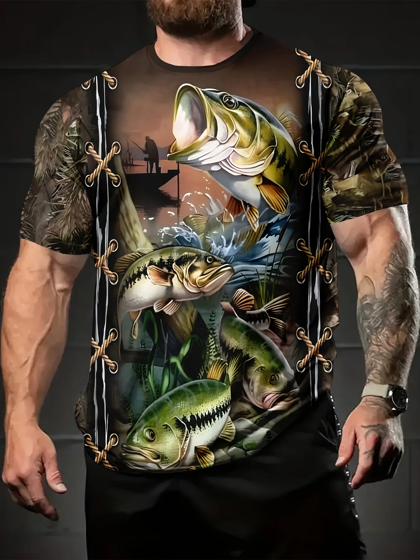 أكمام قصيرة لصيد الأسماك باللون الأسود للرجال، رسومات River Fish & Raptor، رقبة دائرية سريعة الجفاف وجيدة التهوية، ملابس كاجوال صيفية للاستخدام الخارجي