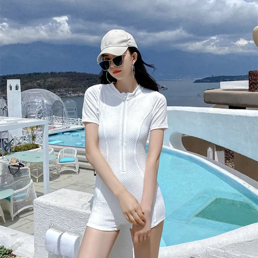 Bodysuit Short Sleeve Swimming Suit Solid Half High Collar One Piece Swimsuit High Neck Blue Bathing Suit Diving