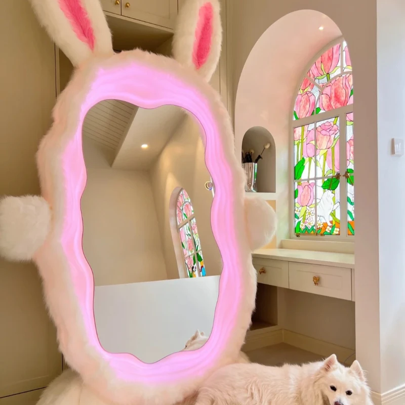 Plush Rabbit Floor Mirror Creative Home Decor Shop Decoration LED Plush Rabbit Floor Mirror