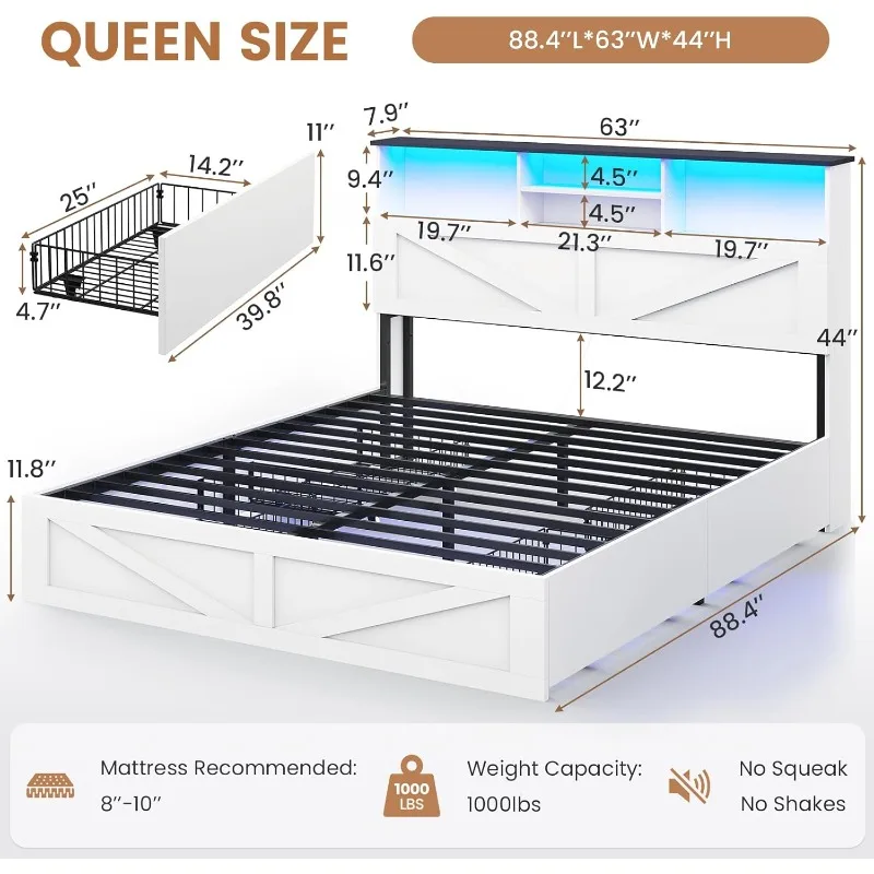 VIAGDO Farmhouse Bed Frame Queen Size with Bookcase Storage Headboard, Charging Station and LED Lights, Wooden Queen Bed Frame